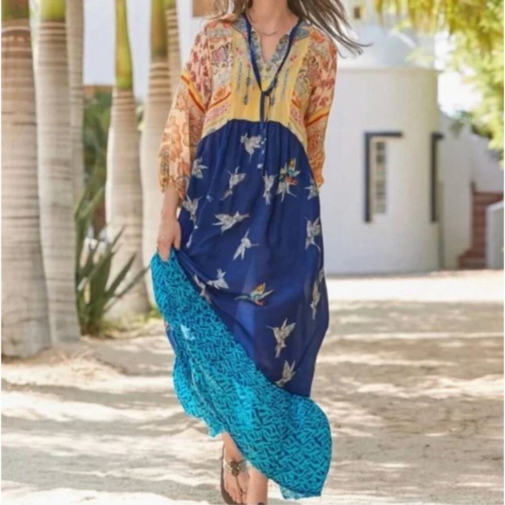 Johnny Was XS Cana blue embroidered long sleeve maxi Dress